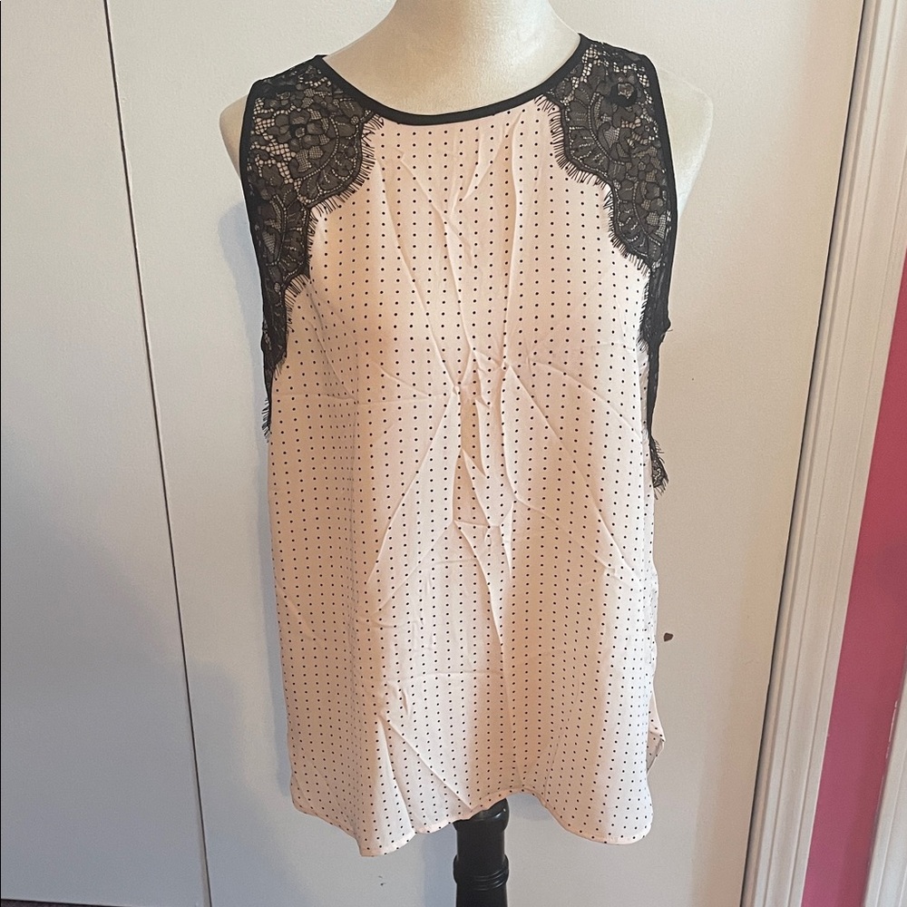 LOFT Black and Pink Polka Dot Lace Blouse